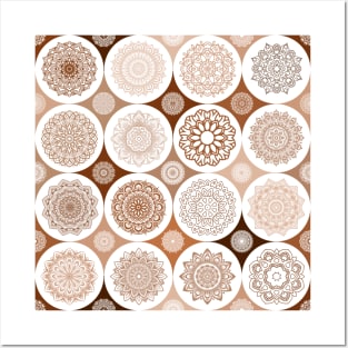 repeating pattern with mandala drawings in circles brown color Posters and Art